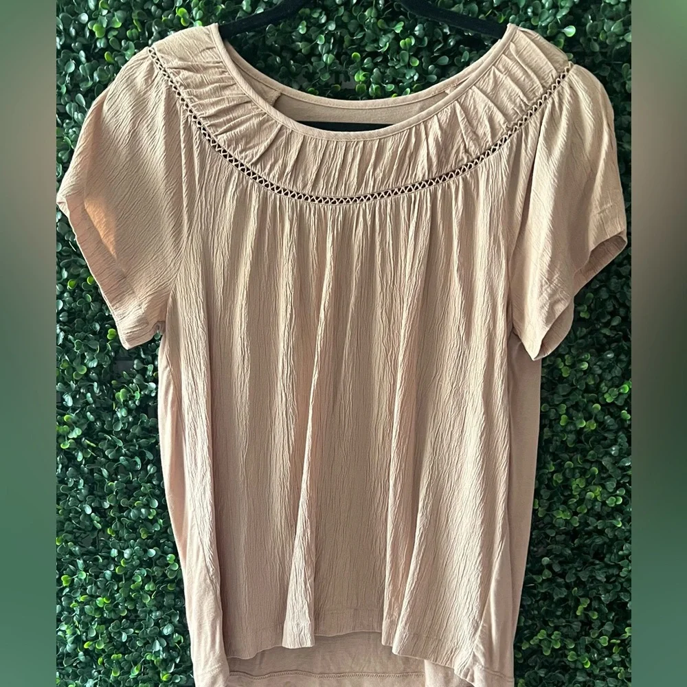 LOFT Cutout Yoke Flutter Sleeve Mixed Media Top - Picture 2 of 6